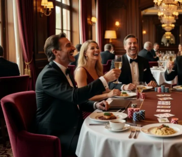 Comensales disfrutando de cenas y partidas de póker en un ambiente elegante y distendido